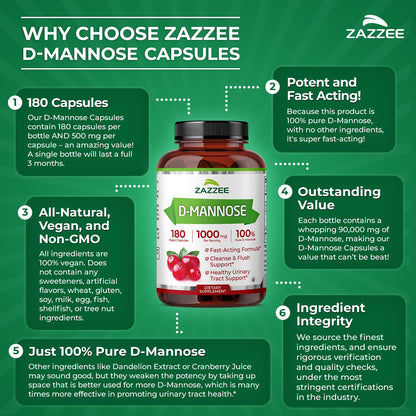Zazzee D-Mannose, 1000 mg per Serving, 180 Vegan Capsules, 3 Month Supply, Potent & Fast-Acting, Certified Kosher, 100% Pure, All-Natural Urinary Tract Health Support, 100% Vegetarian, Non-GMO