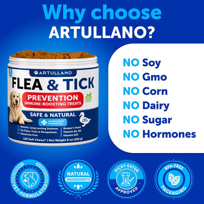 Flea and Tick Prevention for Dogs Chewables - Natural Flea Treatment Control - Supplement for Large & Small Dogs with Vitamins - Immune Support Chews - Puppy Pest Defense Oral Pills - 120 Soft Treats