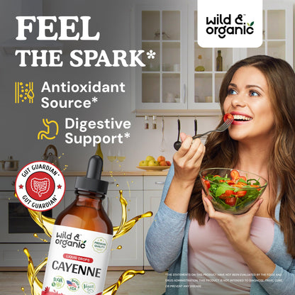 Wild & Organic Cayenne Pepper Drops - Antioxidant & Digestive Support - Capsaicin Supplements - Fast Absorbing Liquid Cayenne Pepper Extract Tincture - No Spicy Aftertaste, Alcohol-Free - 4 fl oz