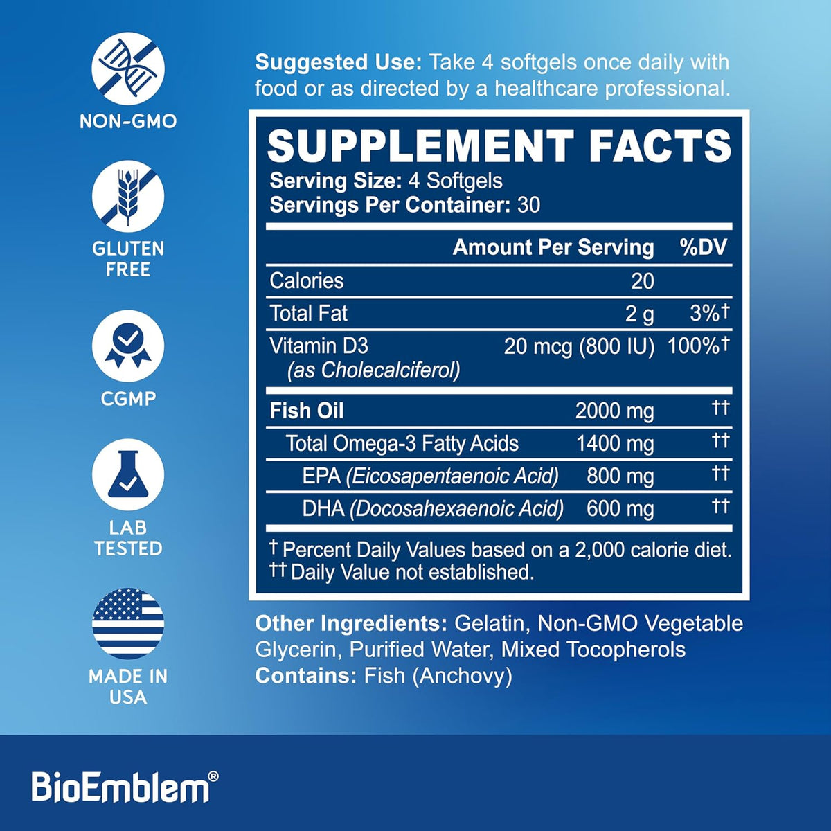 BioEmblem Omega-3 Fish Oil 2000mg Per Serving - Small Size Softgels, High Absorption Form, Sustainable - EPA &DHA Plus Vitamin D3, Non-GMO, Heart, Joint, & Brain Health Fish Oil Supplement, 120 Ct