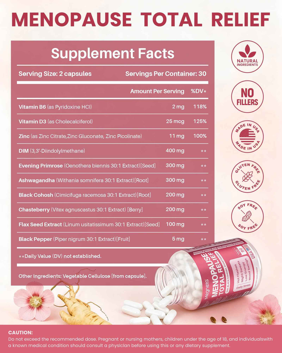 MEGNETA Menopause Supplements for Women - 10-in-1 Hormone Balance Complex with Black Cohosh, DIM, Chasteberry & Ashwagandha - Support for Hot Flashes, Night Sweats