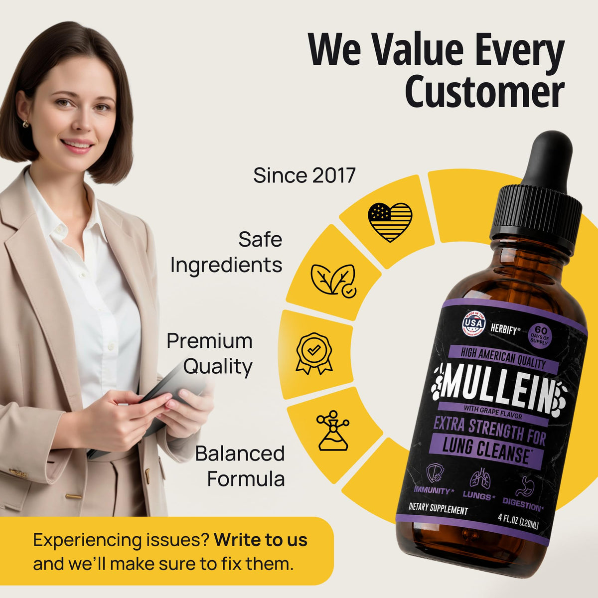 HERBIFY Mullein Drops - Lung Cleanse - Leaf Extract - Powerful Mullein for Immune Support,Detox & Respiratory Support - Made in USA - Lung Cleanse for Smokers - 4 Oz