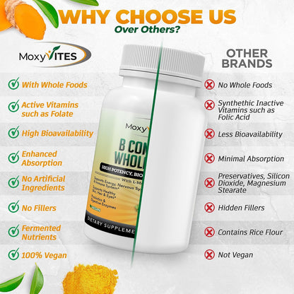 MoxyVites Vitamin B Complex - B Vitamins Whole Food Supplement, B12 Methylcobalamin, B1, B2, B3, B5, B6, B7, B9 - for Stress, Energy and Immune Support, Vegan, 120 Capsules