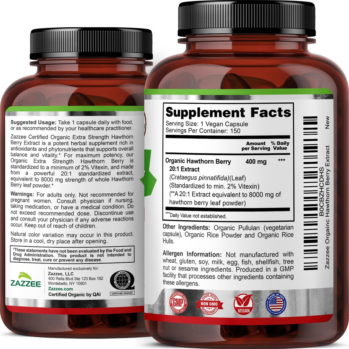 Zazzee USDA Organic Hawthorn Berry 20:1 Extract, 2% Vitexin, 150 Capsules | 5 Month Supply, Vegan, Crataegus Pinnatifida, Antioxidant & Circulation Support, Herbal Supplement, Non-GMO, Made in the USA