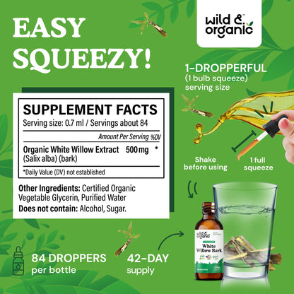 Wild & Organic White Willow Bark Tincture - Liquid Supplement for Overall Support - Alcohol & Sugar-Free White Willow Extract Drops - Salix Alba Bark - Vegan, No Additives - 4 fl oz