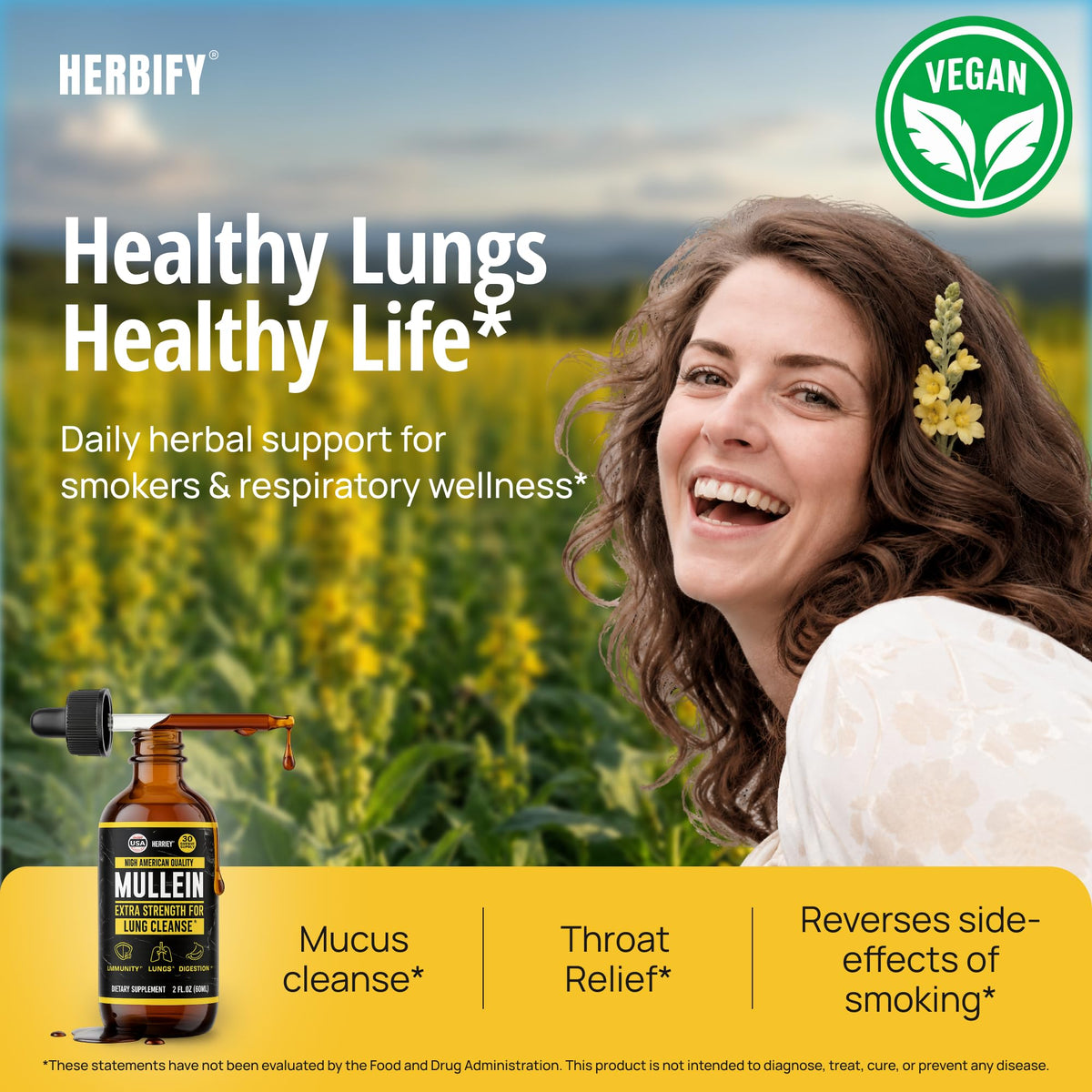 HERBIFY Mullein Drops - Lung Cleanse - Leaf Extract - Powerful Mullein for Immune Support,Detox & Respiratory Support - Made in USA - Lung Cleanse for Smokers - 4 Oz