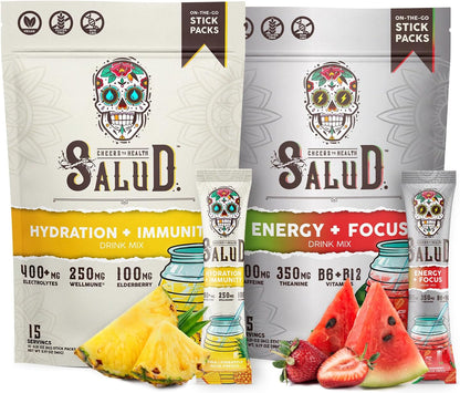 Salud 2-Pack | 2-in-1 Hydration + Immunity (Pineapple) & Energy + Focus (Strawberry Watermelon) – 15 Servings Each, Agua Fresca Drink Mix, Non-GMO, Gluten Free, Vegan, Low Calorie, 1g of Sugar