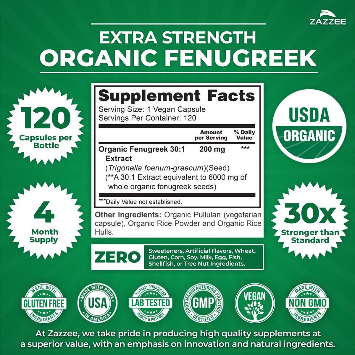 Zazzee USDA Organic Fenugreek 30:1 Extract, 120 Vegan Capsules, 4 Month Supply, Breastfeeding & Lactation Support for Nursing Mothers, Organic Herbal Supplement, All-Natural, Non-GMO, Made in the USA