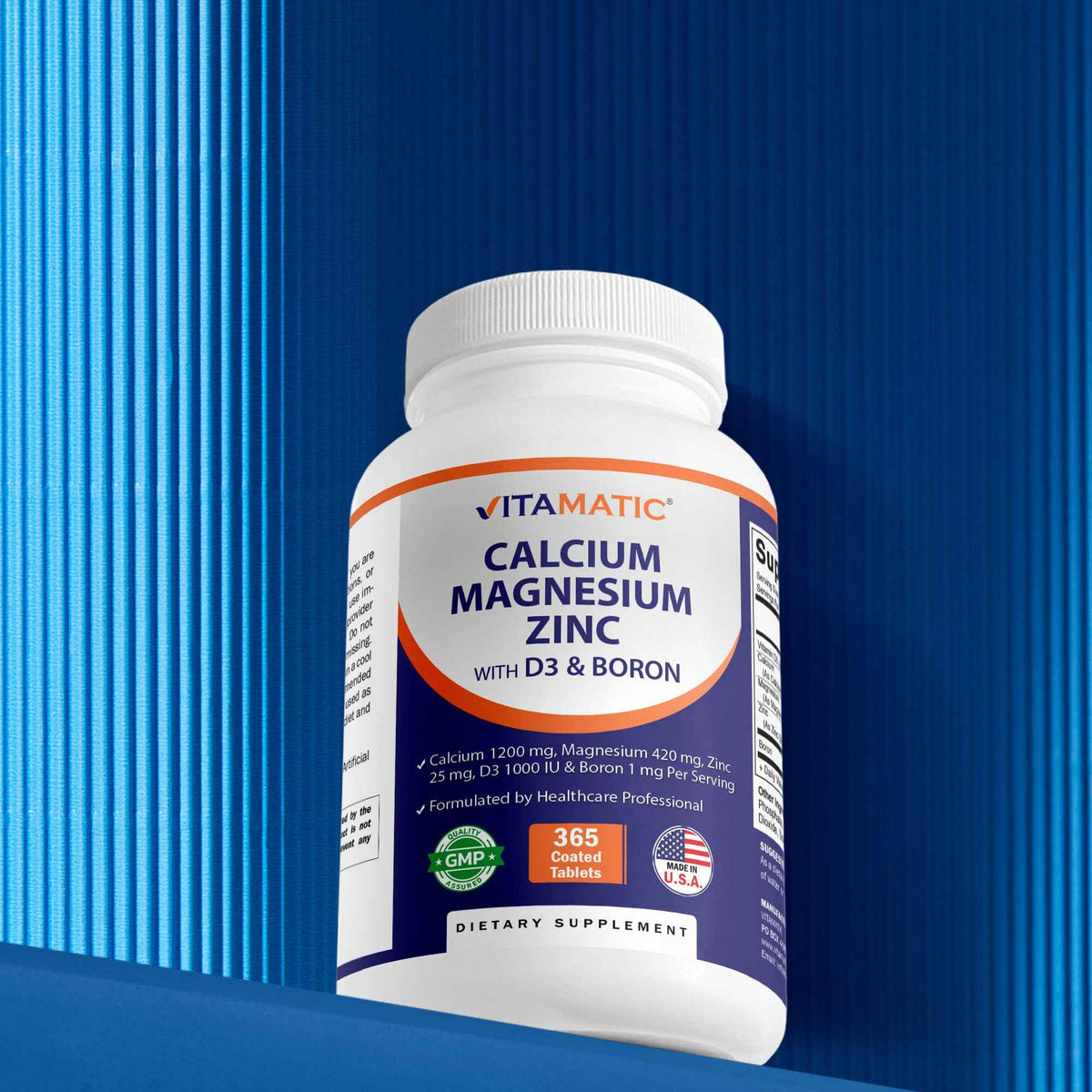 Vitamatic Calcium Magnesium Zinc D3 Boron | 365 Coated Tablets Supplement | Calcium 1200 mg, Magnesium 420mg, Zinc 25mg, Vitamin D3 1000 IU, Boron 1 mg | Non-GMO | Gluten Free | Made in USA