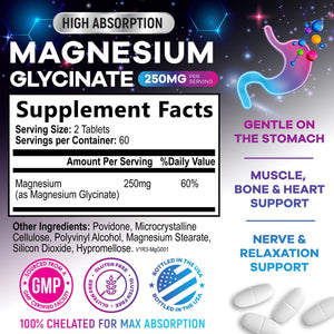Magnesium Glycinate Supplement 250mg - 100% Chelated & Purified - to Support Sleep, Heart Health, Muscles, & Bone Strength - Best Absorption Magnesium Glycinate Capsules, Bottled in USA - 120 Tablets Nature's PeakBuy Supplements Australia