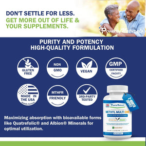 Power By Naturals Methyl Multi One - Iron-Free Methylated Multivitamin with Quatrefolic 5-MTHF, Active B12, P5P, CoQ10 & Zinc for MTHFR Support Power By Naturals