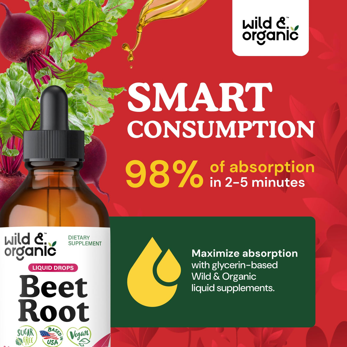 Wild & Organic Beet Root Extract Drops - Energy Support - Liquid Red Beets Supplements - 400 mg per Serving - Mix with Powder - Vegan, Sugar & Alcohol - 4 fl oz