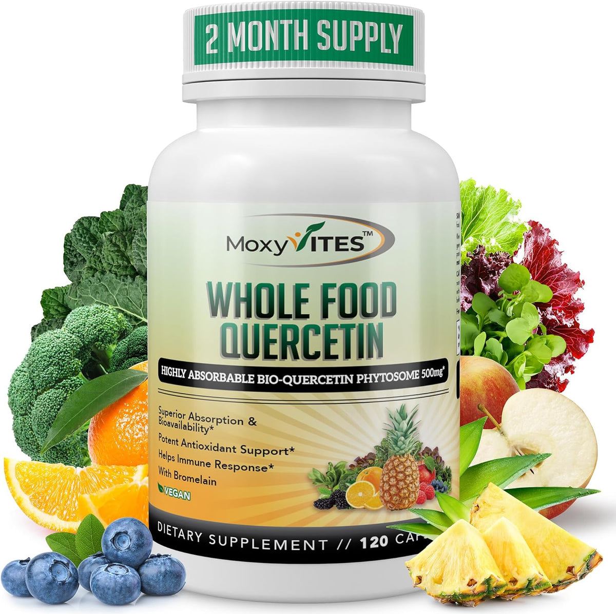 MoxyVites Quercetin with Bromelain 500mg Supplement - Bioactive Phytosome Complex, Pure Organic Whole Food Seasonal Support, Antioxidant, 20X Absorption & Bioavailability-120 Caps