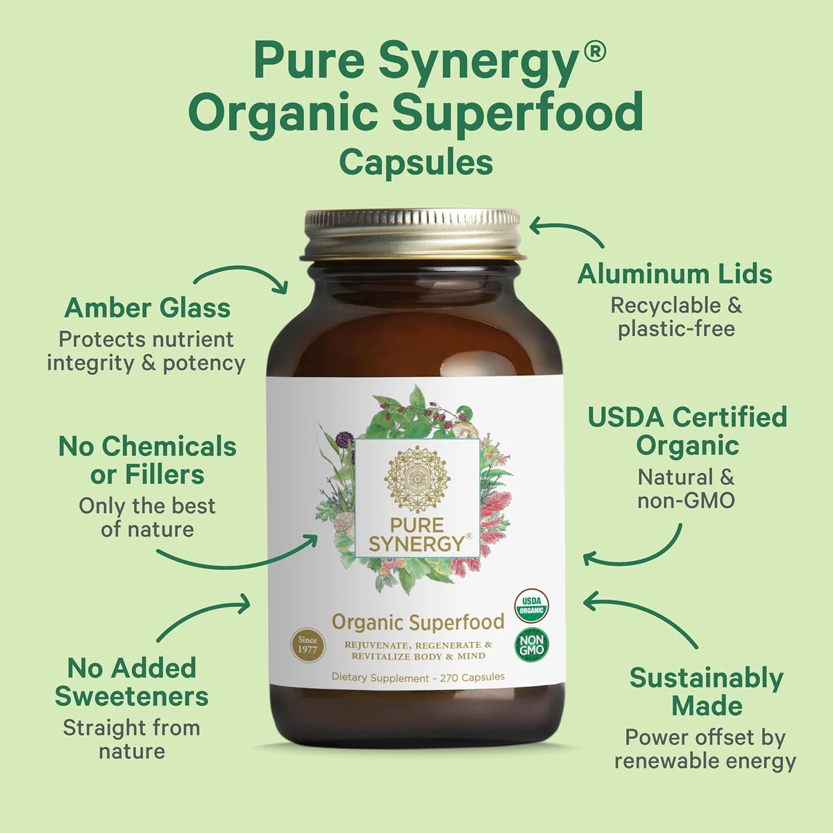 PURE SYNERGY Superfood Capsules | Organic Superfood & Greens Supplement | Whole Foods Like Super Greens, Spirulina, & Mushrooms | for Energy, Healthy Aging & Immune Health (270 Capsules)
