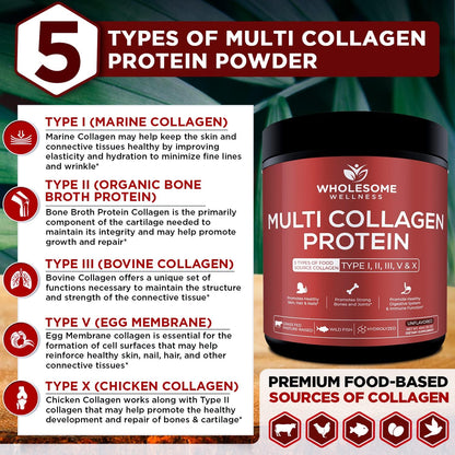 Wholesome Wellness Multi Collagen Protein Powder Hydrolyzed (Type I II III V X) + Super-Absorb Multi Collagen Pills (Type I II III V X) Bundle