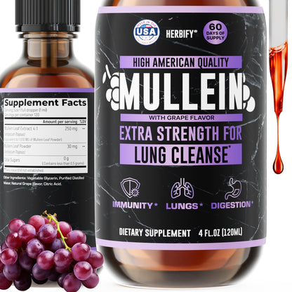 HERBIFY Mullein Drops - Lung Cleanse - Leaf Extract - Powerful Mullein for Immune Support,Detox & Respiratory Support - Made in USA - Lung Cleanse for Smokers - 4 Oz