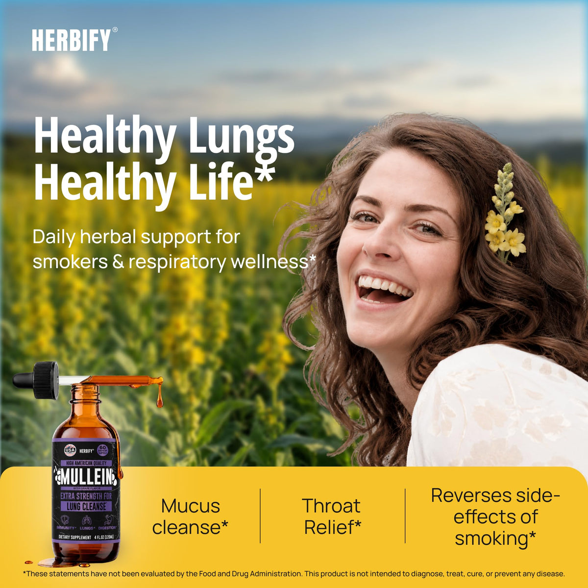 HERBIFY Mullein Drops - Lung Cleanse - Leaf Extract - Powerful Mullein for Immune Support,Detox & Respiratory Support - Made in USA - Lung Cleanse for Smokers - 4 Oz