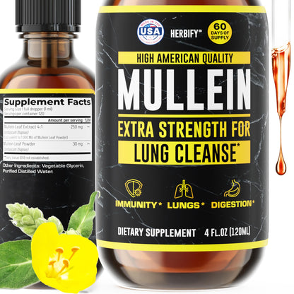 HERBIFY Mullein Drops - Lung Cleanse - Leaf Extract - Powerful Mullein for Immune Support,Detox & Respiratory Support - Made in USA - Lung Cleanse for Smokers - 4 Oz