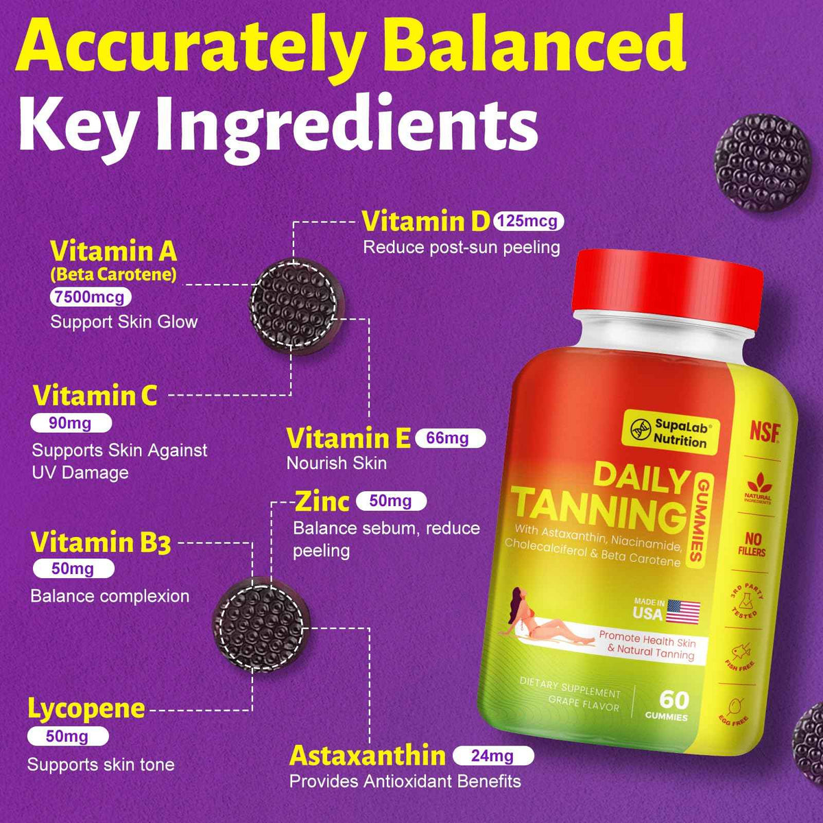 MEGNETA Tanning Gummies for Women Men - Sunless Glow Tanning Supplement with Astaxanthin, Beta Carotene, Lycopene, Zinc & Vitamins C D E, Sunless Tan Booster, Skin Hydration & Glow (Purple)