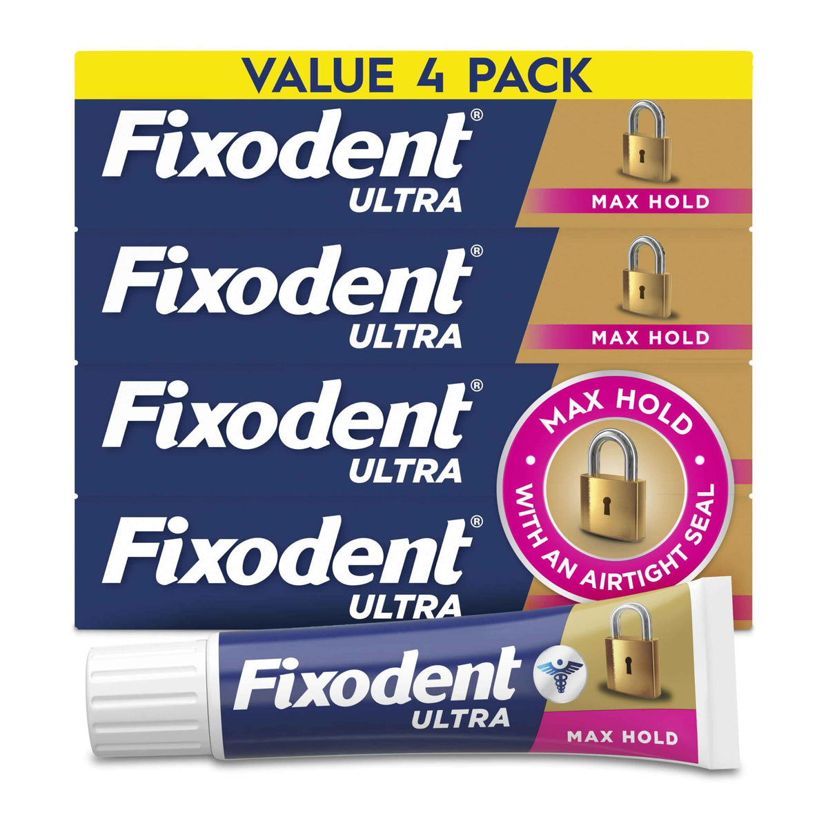 Fixodent Ultra Max Hold Denture Adhesive Cream, 2.2 oz (4-Pack) – Strong False Teeth Glue and Secure Dental Adhesive for Full