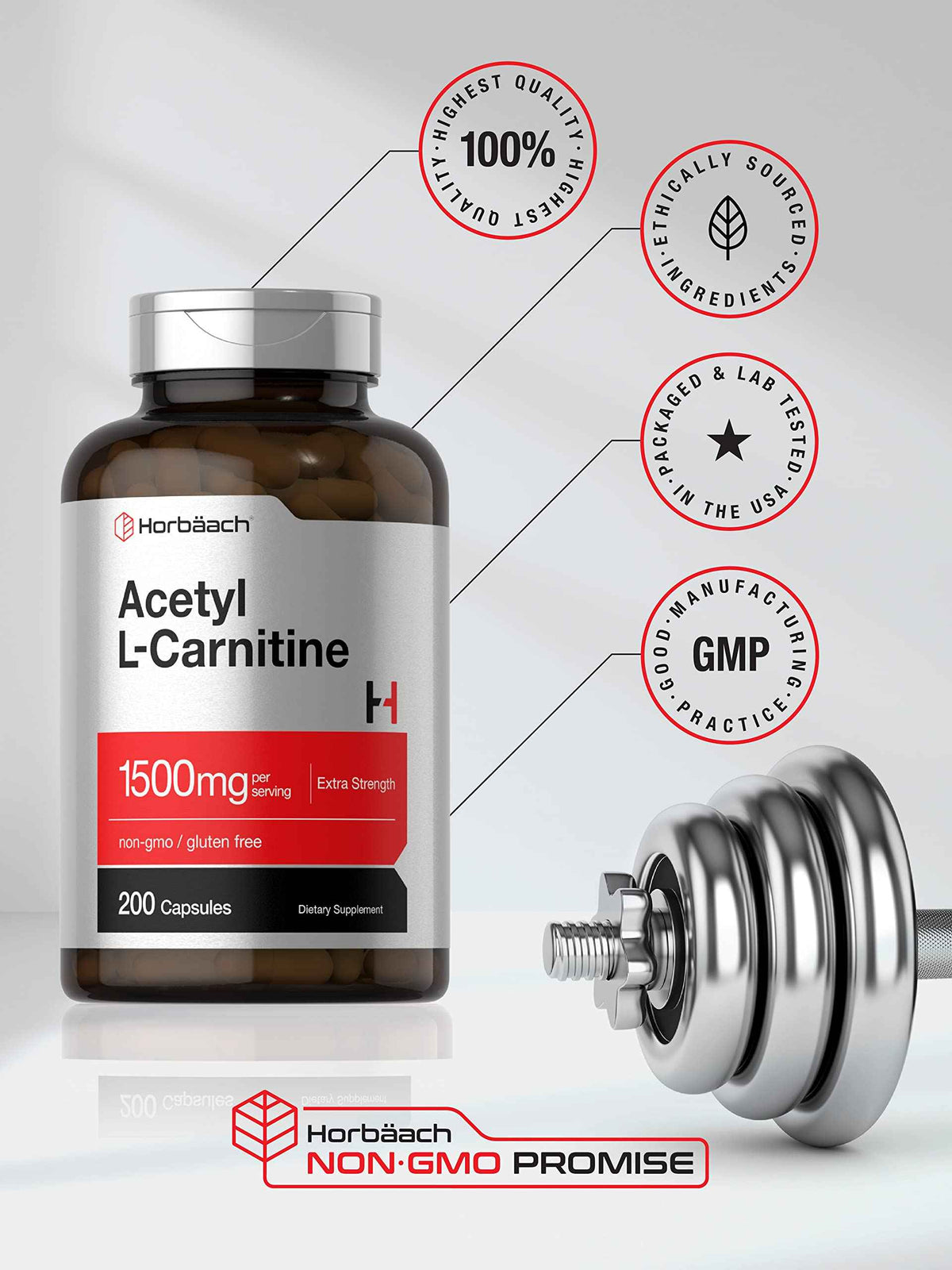Horbäach Acetyl L-Carnitine 1500mg | 200 Capsules | Extra Strength Supplement | Non-GMO & Gluten Free