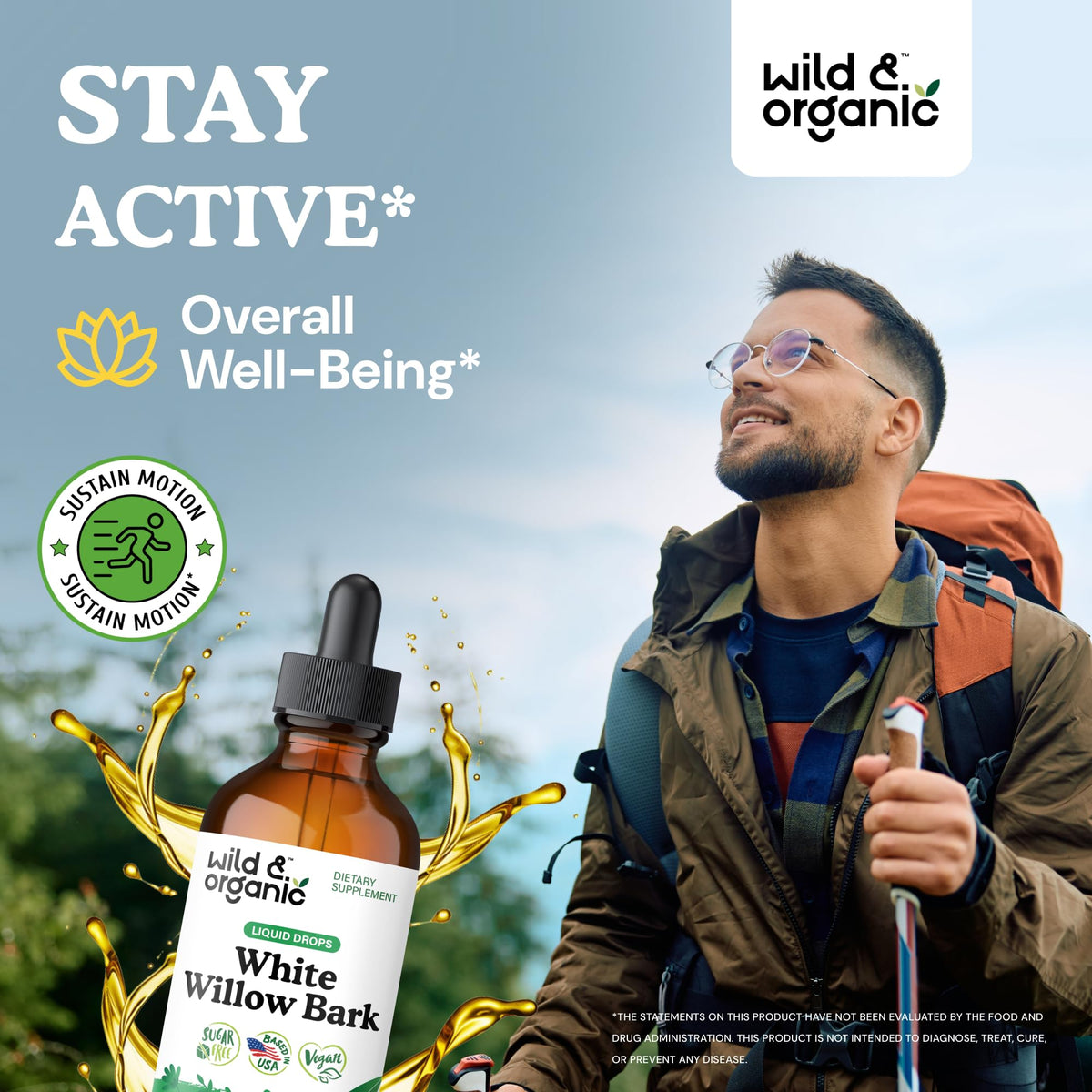Wild & Organic White Willow Bark Tincture - Liquid Supplement for Overall Support - Alcohol & Sugar-Free White Willow Extract Drops - Salix Alba Bark - Vegan, No Additives - 4 fl oz