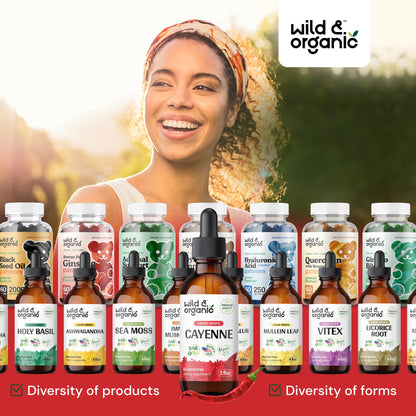 Wild & Organic Cayenne Pepper Drops - Antioxidant & Digestive Support - Capsaicin Supplements - Fast Absorbing Liquid Cayenne Pepper Extract Tincture - No Spicy Aftertaste, Alcohol-Free - 4 fl oz