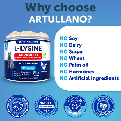 L-Lysine for Cats - Lysine Powder Supplement - 900mg/serving - Immune Support for Cats & Kittens - Sneezing, Runny Nose, Squinting, Watery Eyes, Cold, Eye Function, Respiratory Health - with Taurine