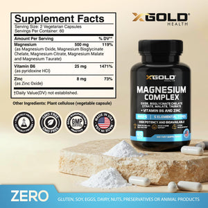 X Gold Health Magnesium Complex 5-in-1 with Zinc & B6 High Absorption Capsules (Glycinate, Citrate, Malate, Taurate, Oxide) Muscle Recovery, Energy, Sleep Support & Immune Health 500mg Made in USA X Gold Health buy supplements Au