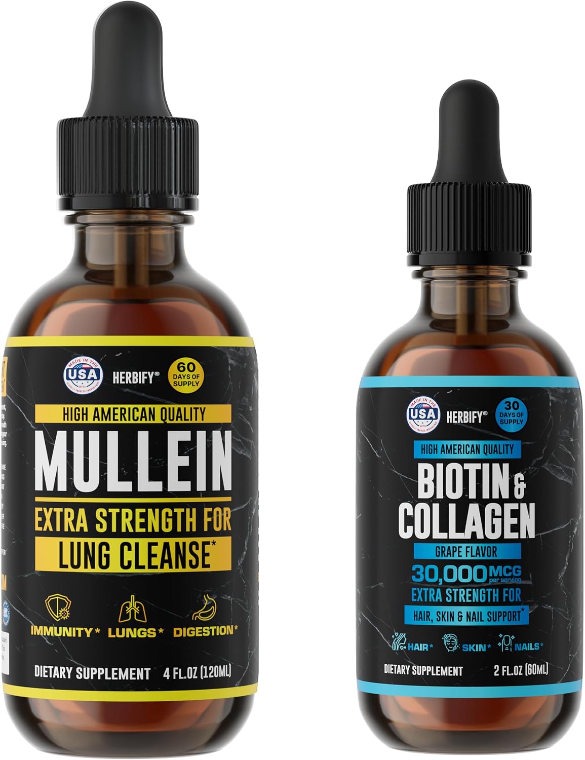 HERBIFY Bundle - Mullein Leaf Extract & Biotin and Collagen - Respiratory Support & Hair Skin and Nails Vitamins Support