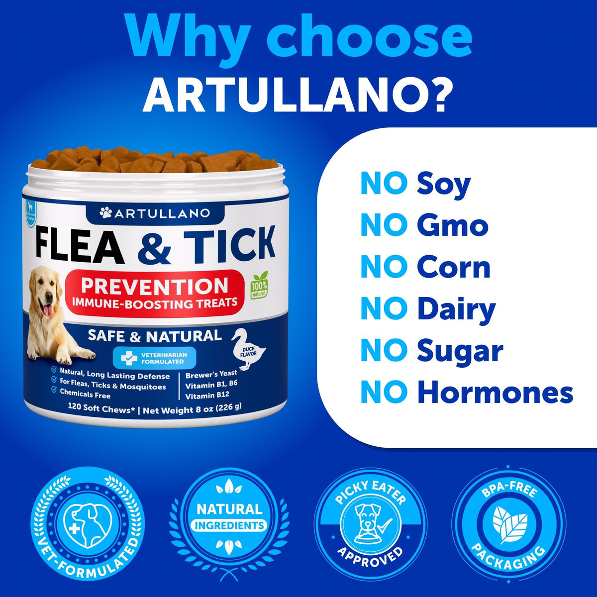 Flea and Tick Prevention for Dogs Chewables - Natural Flea Treatment Control - Supplement for Large & Small Dogs with Vitamins - Immune Support Chews - Puppy Pest Defense Oral Pills - 120 Soft Treats