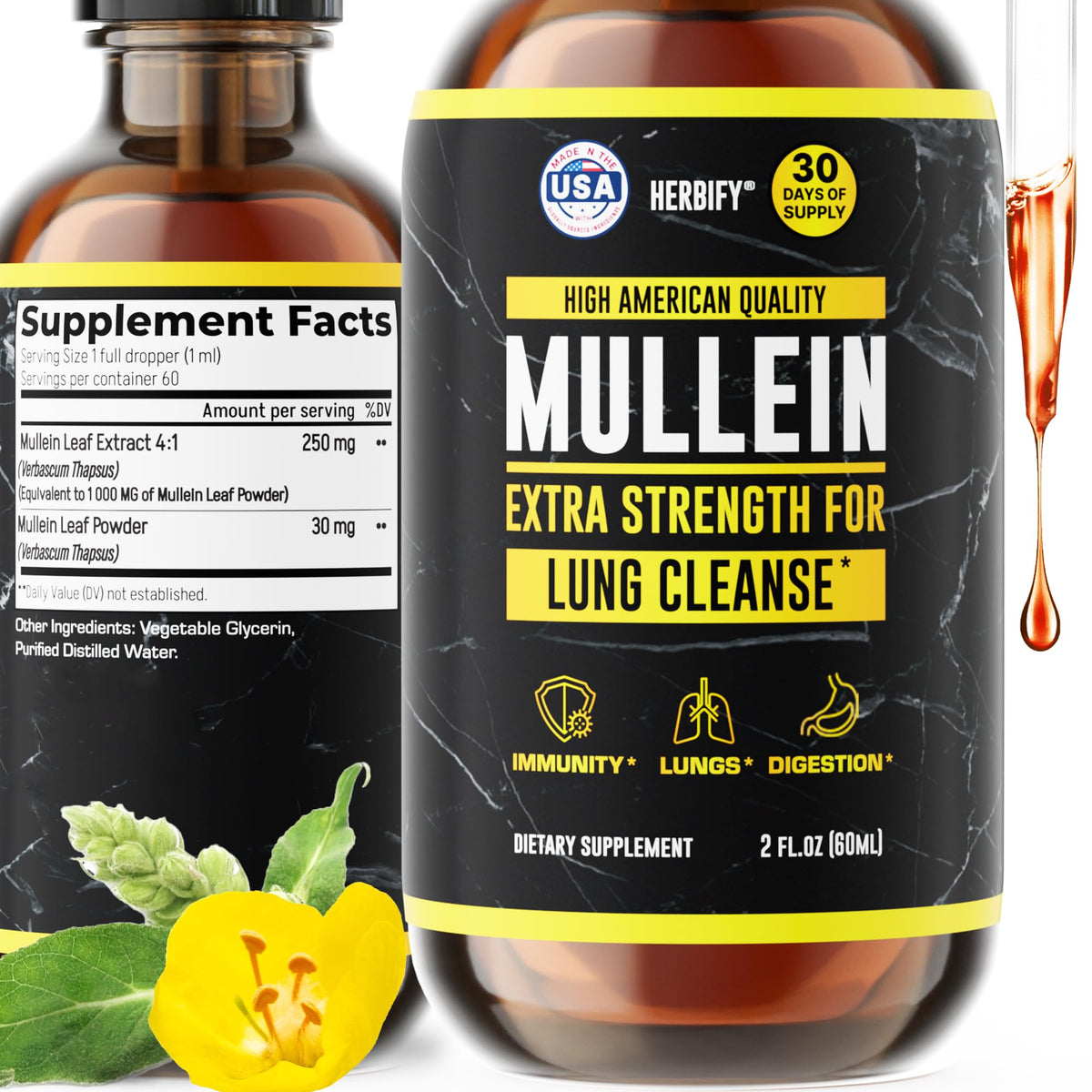 HERBIFY Mullein Drops - Lung Cleanse - Leaf Extract - Powerful Mullein for Immune Support,Detox & Respiratory Support - Made in USA - Lung Cleanse for Smokers - 4 Oz