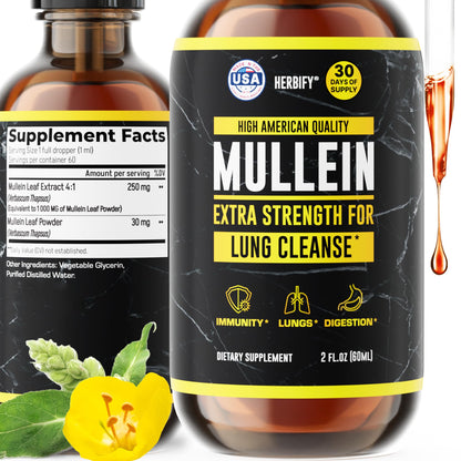 HERBIFY Mullein Drops - Lung Cleanse - Leaf Extract - Powerful Mullein for Immune Support,Detox & Respiratory Support - Made in USA - Lung Cleanse for Smokers - 4 Oz