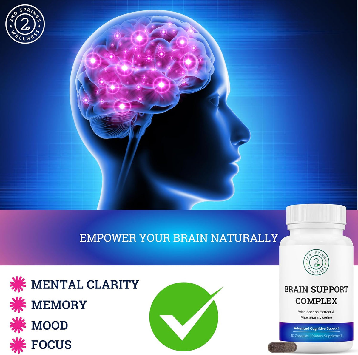 Brain Support Complex Nootropic Supplement, 30 Ct | Ginkgo Biloba, Bacopa Monnieri, Phosphatidylserine, Huperzine-A, St. John's Wort