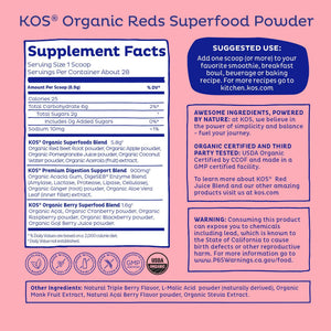 KOS Reds Superfood Powder for Antioxidants - USDA Certified Organic Beet Root, Goji Berries, Acai, Pomegranate, Coconut Water & Digestion Enzymes- Goji Berry Popsicle Flavor Juice Mix - 28 Servings KOS buy supplements Au