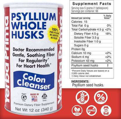 Yerba Prima Psyllium Husk, 12 Ounce - Whole Husk Fiber Supplement, Vegan, No Sugar or Artificial Sweeteners, Non GMO, Gluten Free
