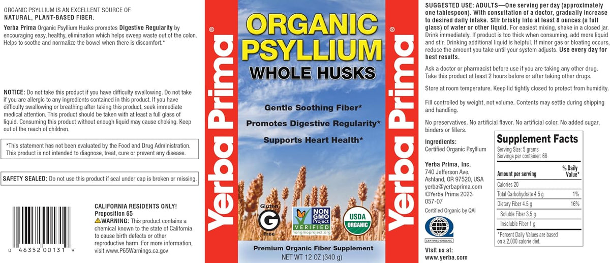 Yerba Prima Organic Psyllium Whole Husks 12 oz - Natural Dietary Fiber Supplement, Non GMO, Gluten Free, Keto and Vegan Friendly for Regularity Support, Unflavored