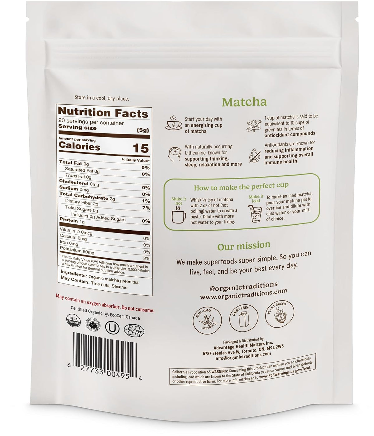 Organic Traditions Premium Matcha Powder, Authentic Japanese Tencha Leaves, Green Tea Rich in Antioxidants and Naturally Occurring L-Theanine for Calm Focus, Energy Drink Tea, 100g / 3.5oz Bag