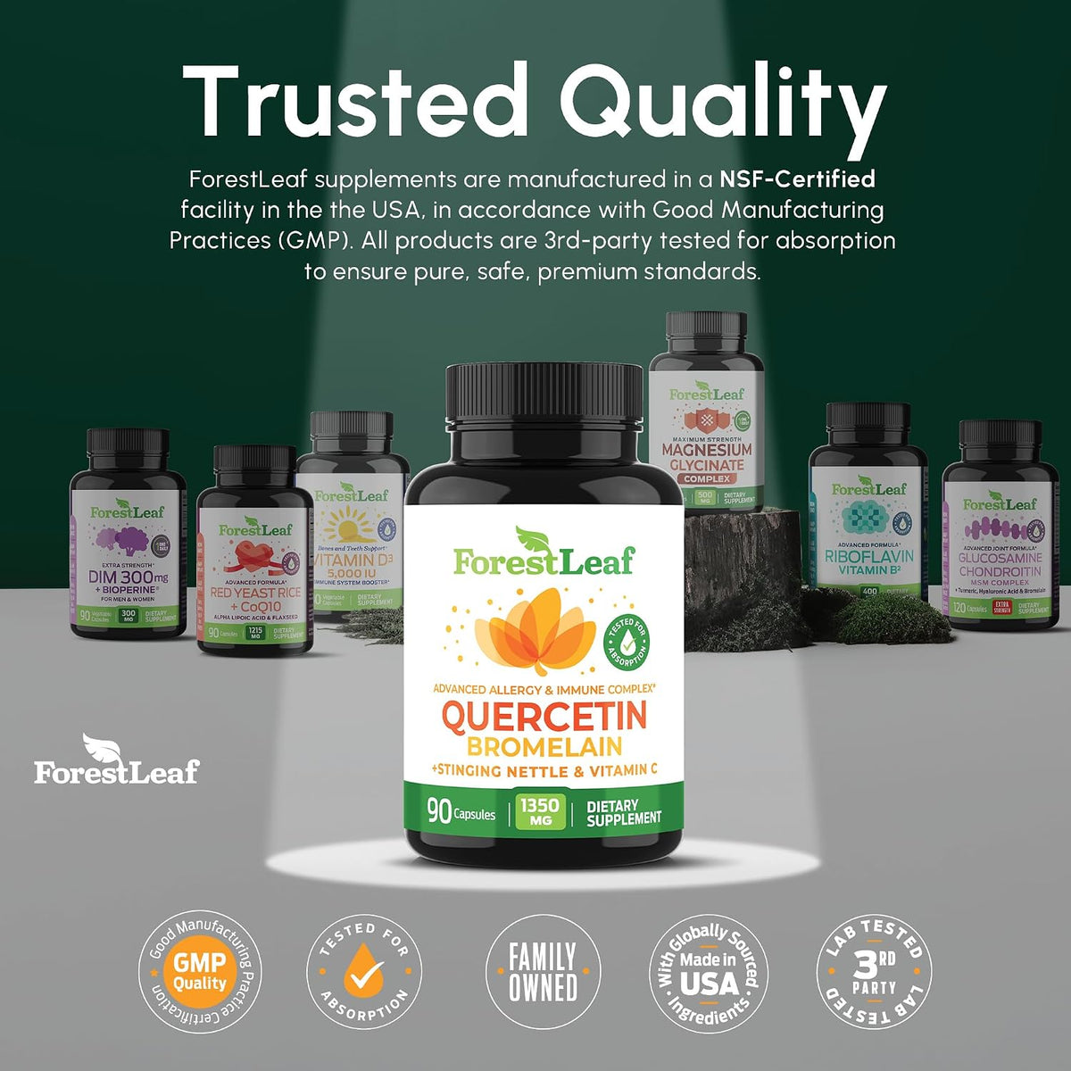 ForestLeaf Quercetin with Bromelain 1350mg - Blend with Vitamin C & Stinging Nettle Supplement, Quercetin 500mg Capsules, Non-GMO Gluten Free, Natural Function, 90 Veggie Caps