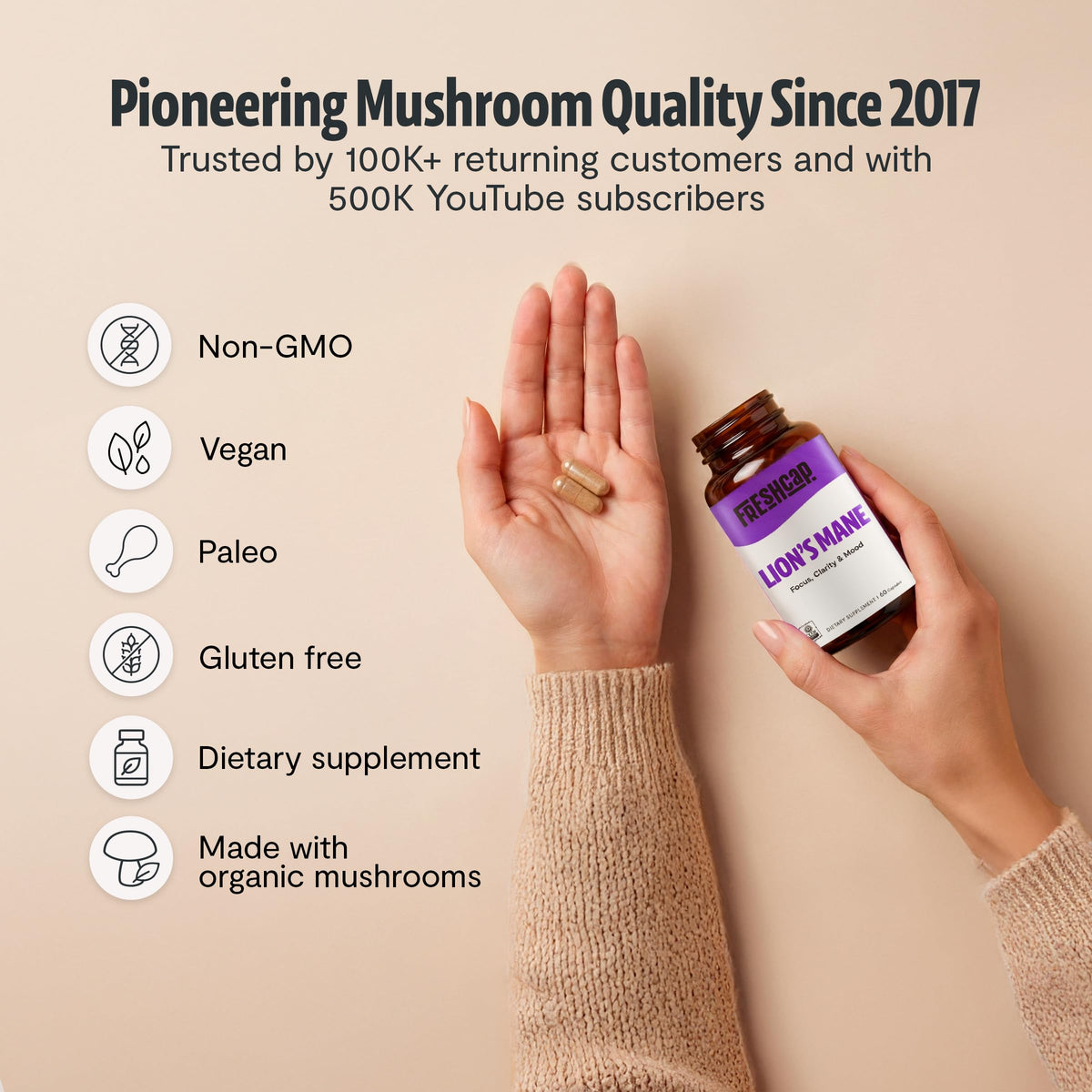 FreshCap Mushrooms Premium Organic Lions Mane Capsules - 14:1 Fruiting Body Extract with 31% Beta-Glucans - 3rd-Party Tested Nootropic for Clarity, Focus & Cognitive Support (120 Capsules)