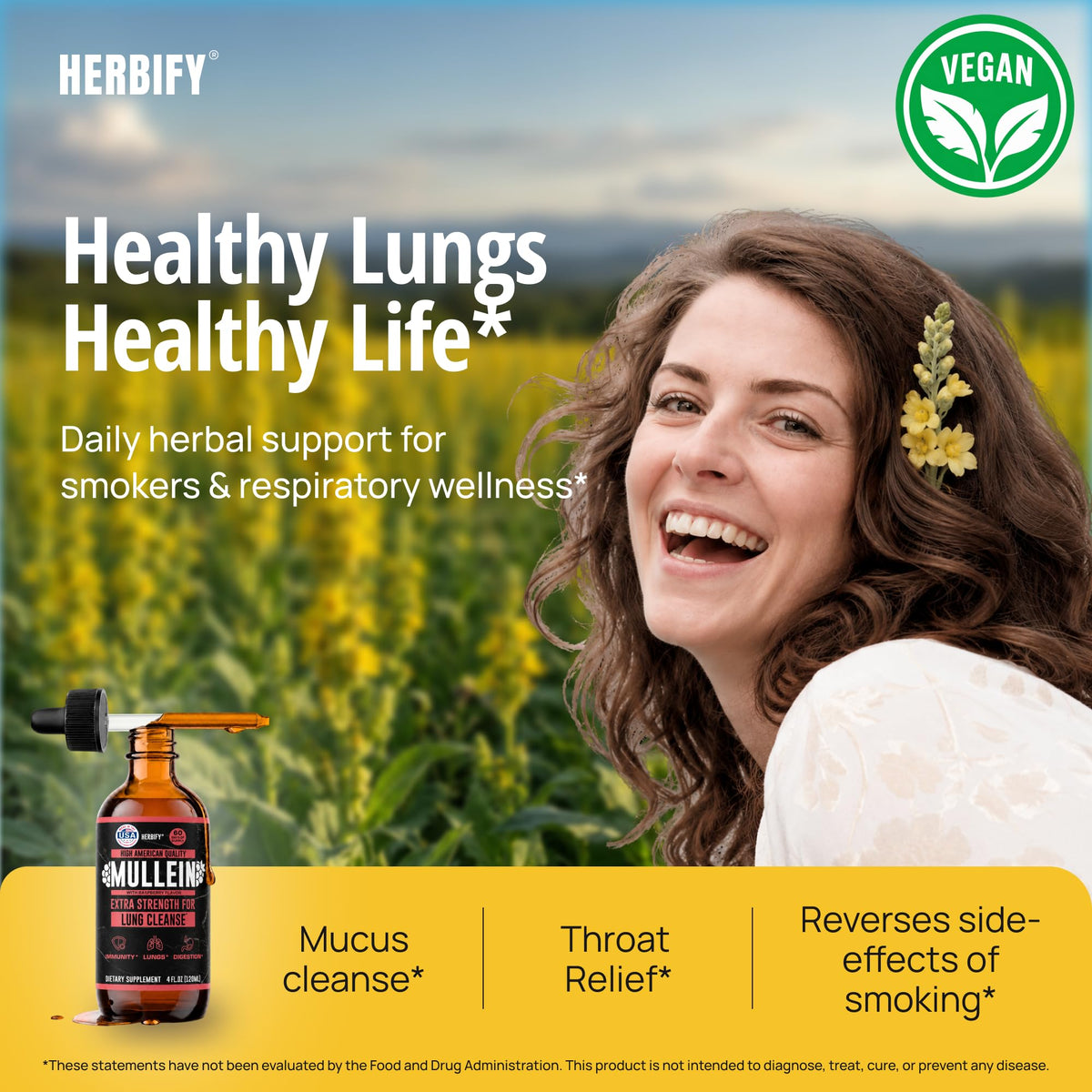 HERBIFY Mullein Drops - Lung Cleanse - Leaf Extract - Powerful Mullein for Immune Support,Detox & Respiratory Support - Made in USA - Lung Cleanse for Smokers - 4 Oz