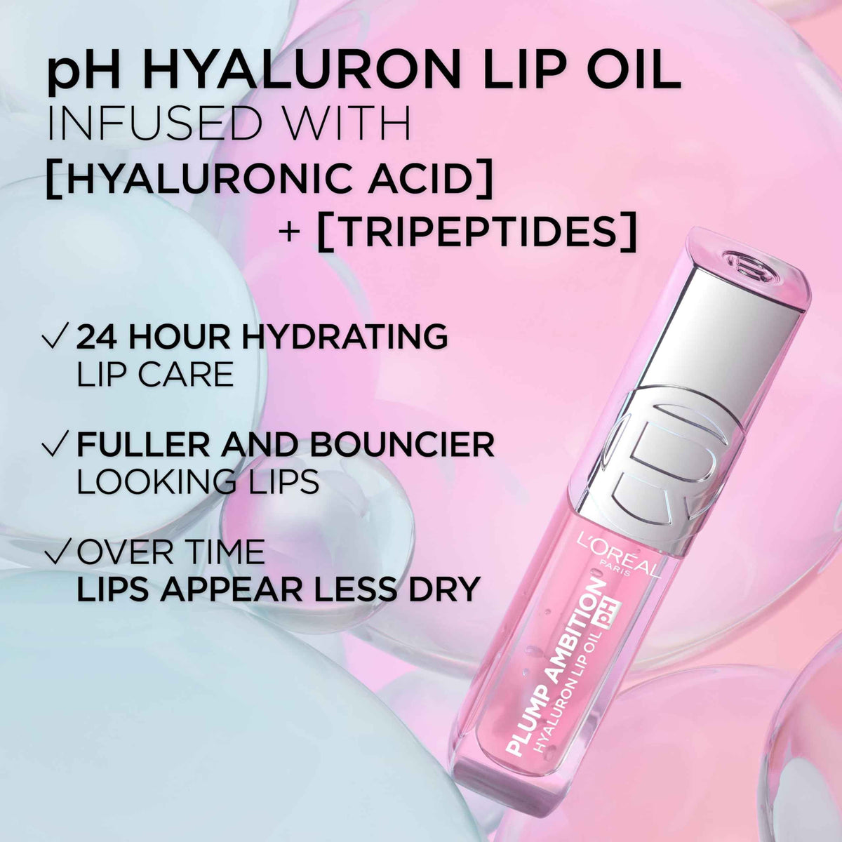 L'Oreal Paris Plump Ambition pH Hyaluron Lip Oil, Color Shifting Lip Tint with 24HR Hydration, Volumizing Shine and Lasting Color, 090 pH Berry Noir