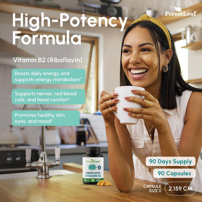 ForestLeaf Vitamin B2 Riboflavin 400mg - Energy, Skin & Cellular Health Supplement - Nervous System Support - Vitamin B 2 VIT B - Non-GMO & Gluten Free - B2 Vitamin 400mg Vegetable Capsules, 90 Count