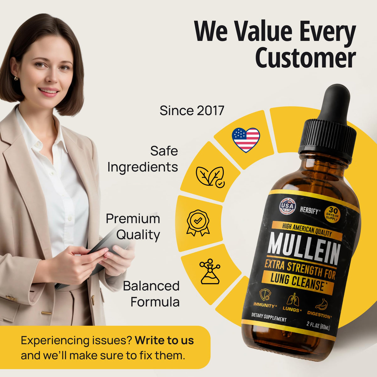 HERBIFY Mullein Drops - Lung Cleanse - Leaf Extract - Powerful Mullein for Immune Support,Detox & Respiratory Support - Made in USA - Lung Cleanse for Smokers - 4 Oz