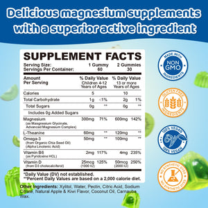 Center-Filled Magnesium Gummies for Kids 300MG - Magnesium Glycinate Gummies with L-theanine, Omega-3, Vitamin B6, D for Kids & Adults, Supplement for Sleep, Calm & Muscle Relaxation - Apple & Kiwi CNCHEFBuy Supplements Australia