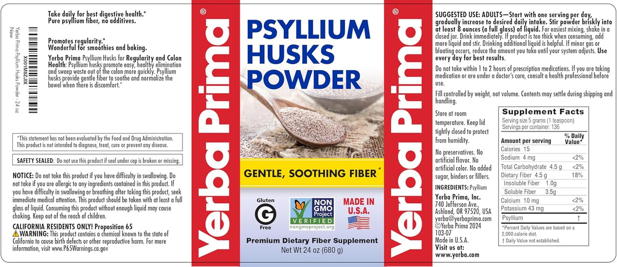 Yerba Prima Psyllium Husk Powder - 24 oz - Fine Ground, Unflavored, Sugar Free - Natural Fiber Supplement - Also for Baking - Contains Both Soluble & Insoluble Bulk for Regularity Support