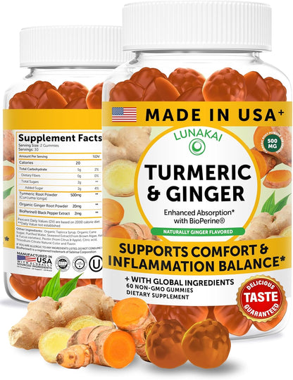 Lunakai USA Made Turmeric and Ginger Supplement Gummies 500mg with Black Pepper – High Absorption Curcumin Turmeric Gummies for Joint Comfort, Daily Immune Support, Non-GMO, 60ct