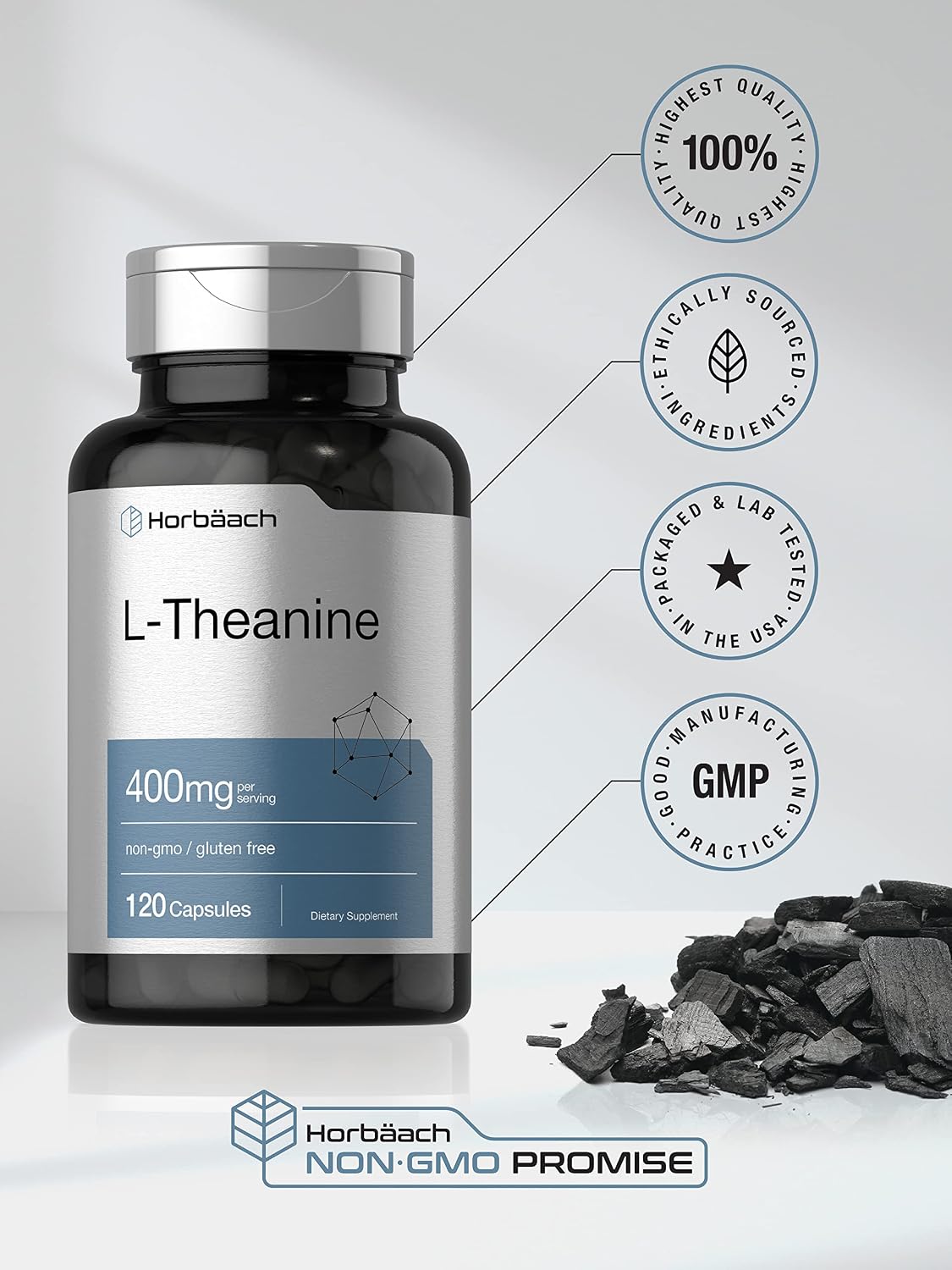 Horbäach L-Theanine Supplement | 400mg | 120 Powder Capsules | Non-GMO & Gluten Free