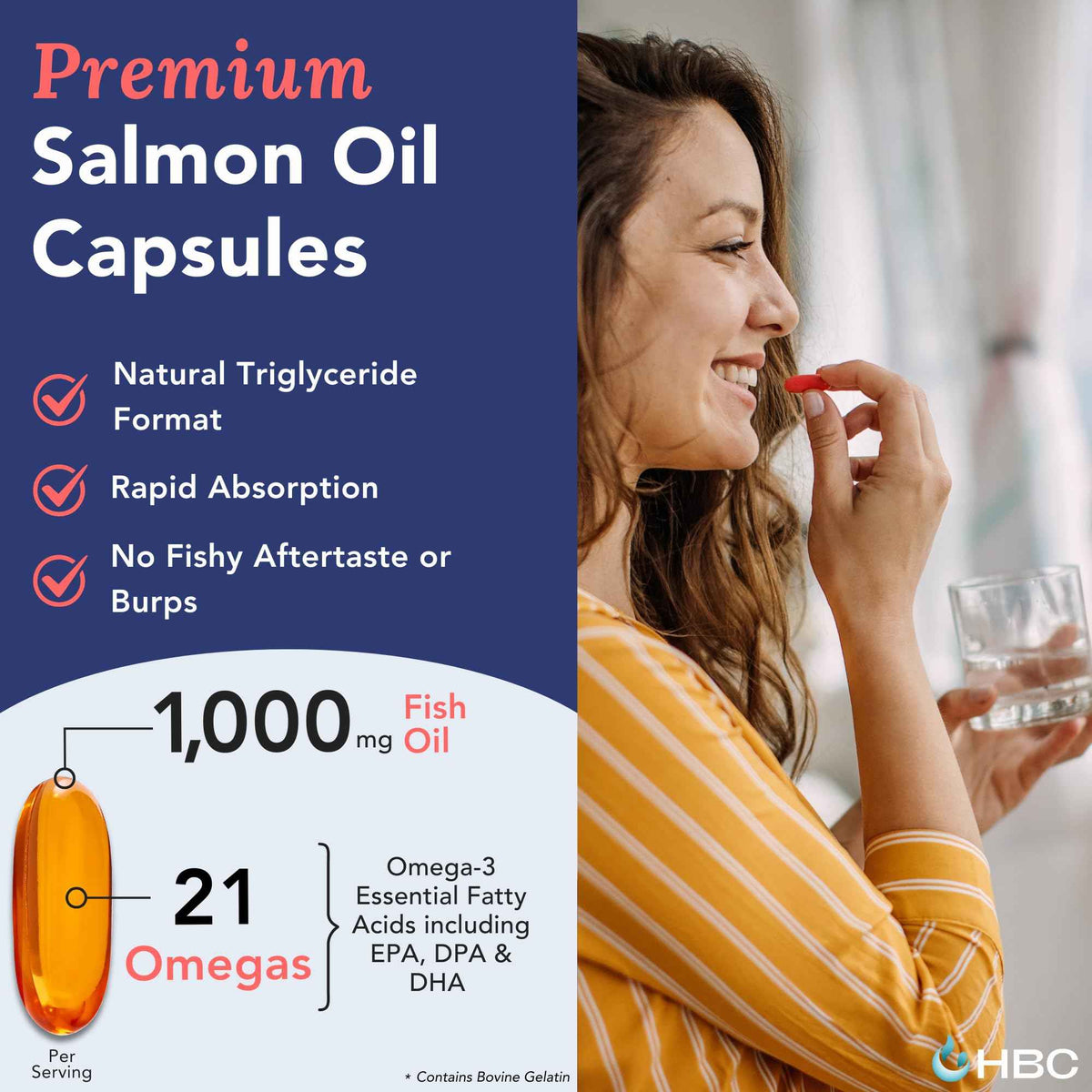 High Strength Omega 3 Fish Oil - 1000mg, Norwegian Salmon Oil with EPA & DHA, No Burping or Aftertaste, Omega 3 Fatty Acids Supplement for Eye