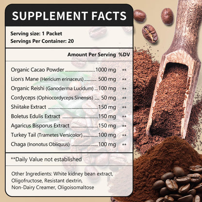 CANLIST Organic 9 in 1 Mushroom Coffee Powder with Lion's Mane & Chaga,Cordyceps, Reishi, Shiitake for Cognitive Focus, Immune Support & Stress Relief, Non-GMO & Vegan Friendly（20 Stick Packets）